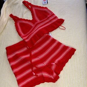 Crochet Stripe Red & Pink Crop Top Set
